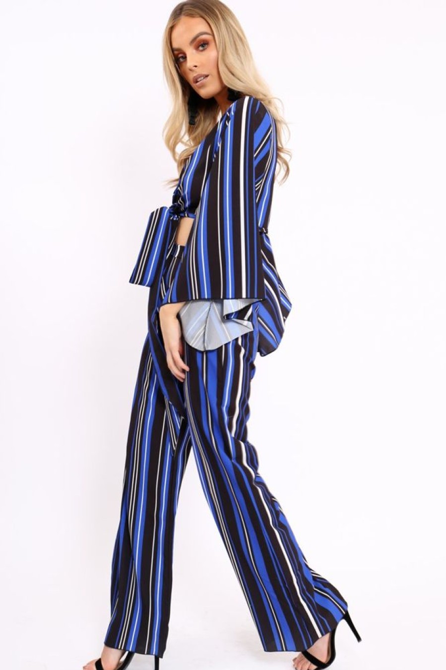 Clothing Rebellious Fashion | Royal Blue, Black And White Striped High Waist Flare Trousers - Jen