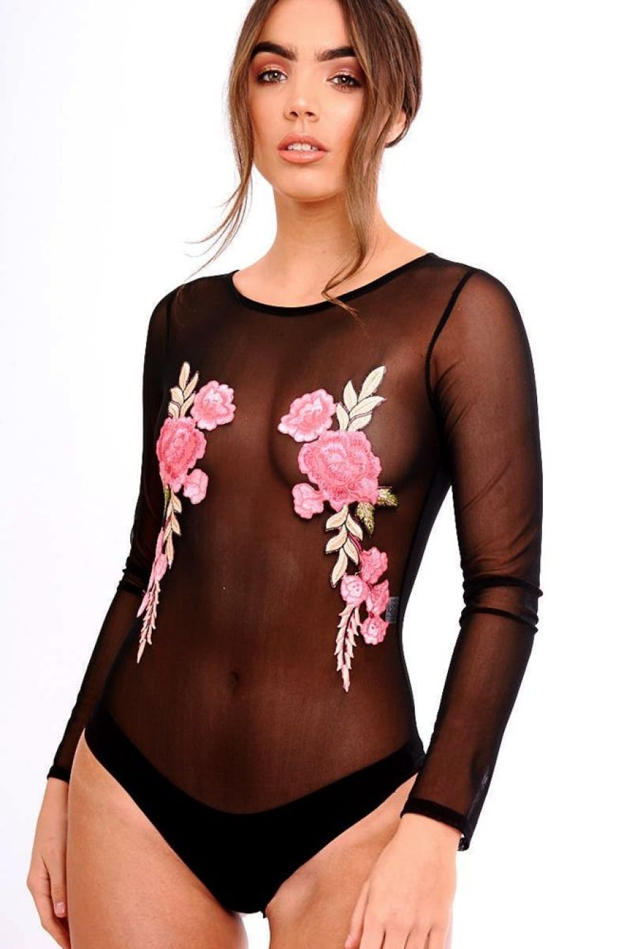 Clothing Rebellious Fashion | Black Sheer Mesh Embroidered Long Sleeved Bodysuit - Malina