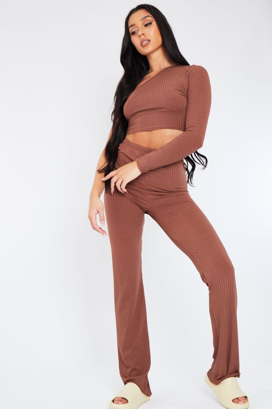 Clothing Rebellious Fashion | Chocolate One Shoulder Crop Top & Trouser Set - Janece