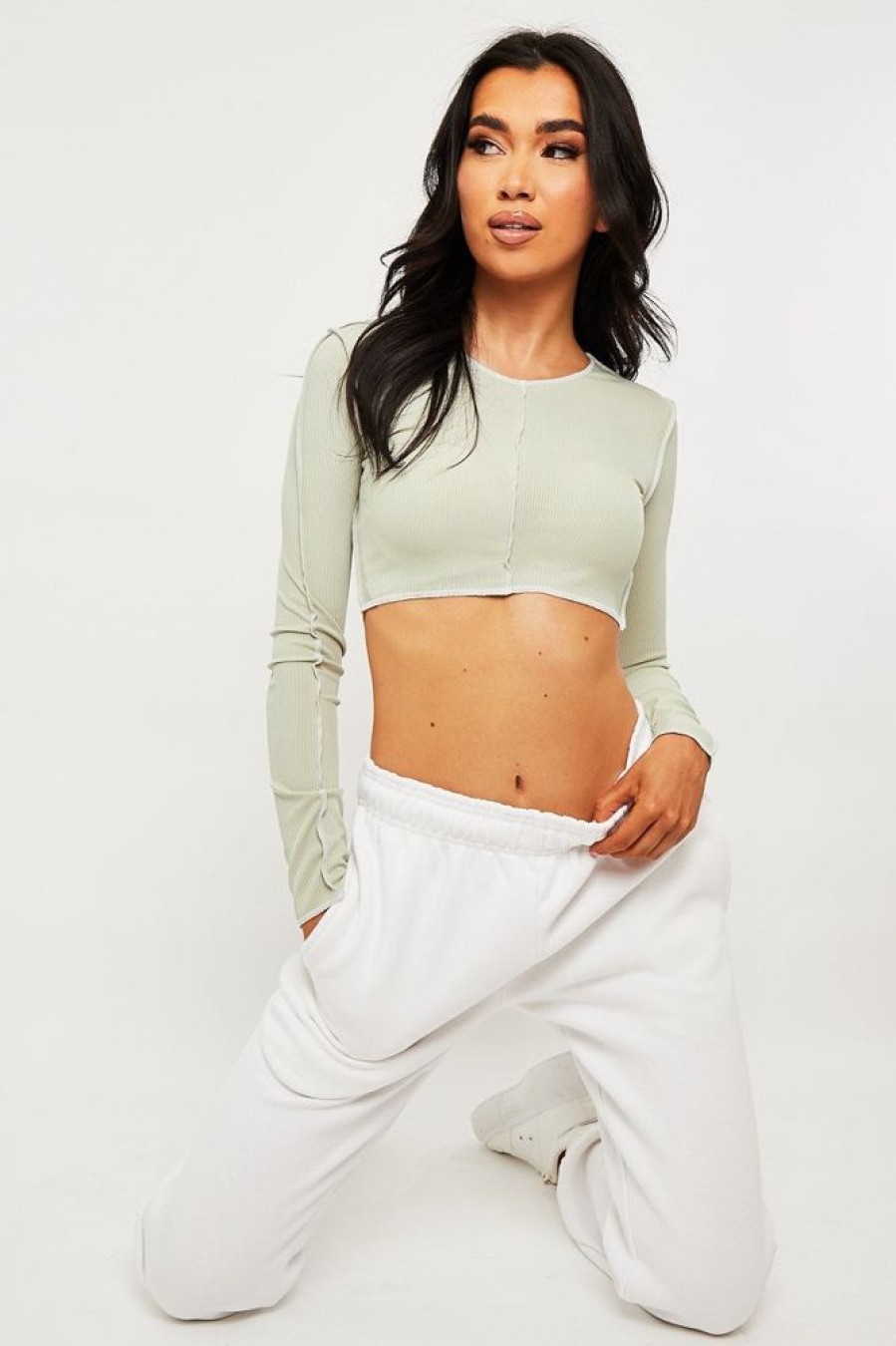 Clothing Rebellious Fashion | Sage White Contrast Stitch Ribbed Crop Top - Candice