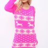 Clothing Rebellious Fashion | Pink Christmas Print Jumper Dress - Kleo