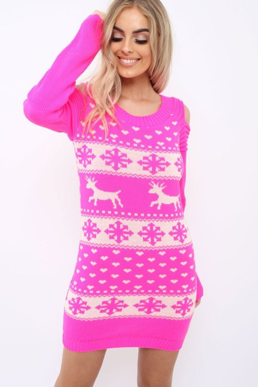 Clothing Rebellious Fashion | Pink Christmas Print Jumper Dress - Kleo