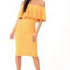 Clothing Rebellious Fashion | Mustard Pinstripe Frill Bardot Bodycon Midi Dress -Jovey