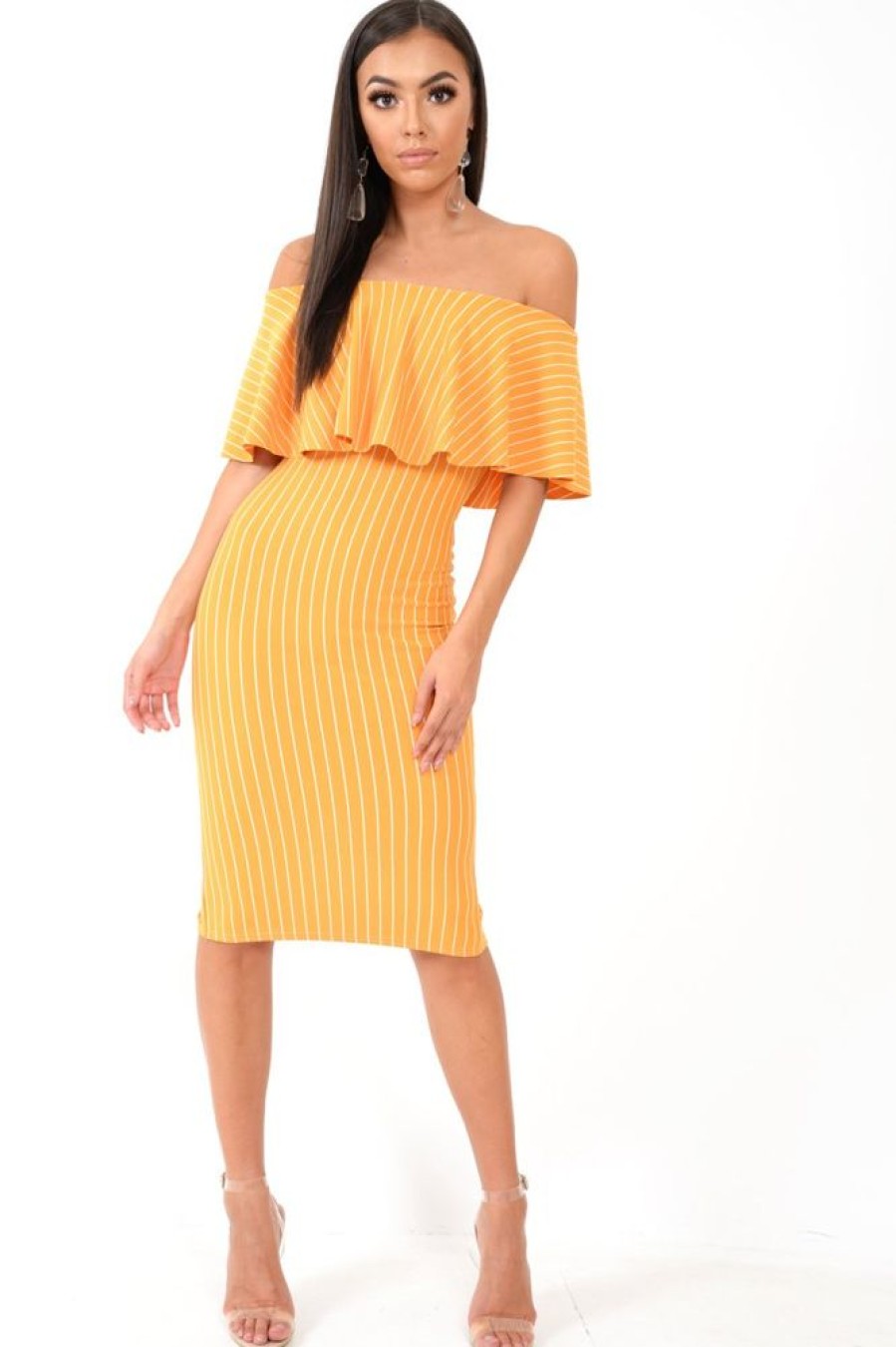 Clothing Rebellious Fashion | Mustard Pinstripe Frill Bardot Bodycon Midi Dress -Jovey