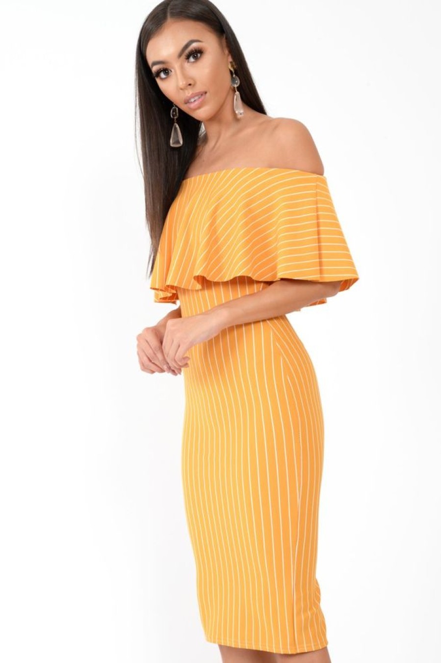 Clothing Rebellious Fashion | Mustard Pinstripe Frill Bardot Bodycon Midi Dress -Jovey