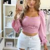 Clothing Rebellious Fashion | Pink Ruched Square Neckline Crop Top - Hallie