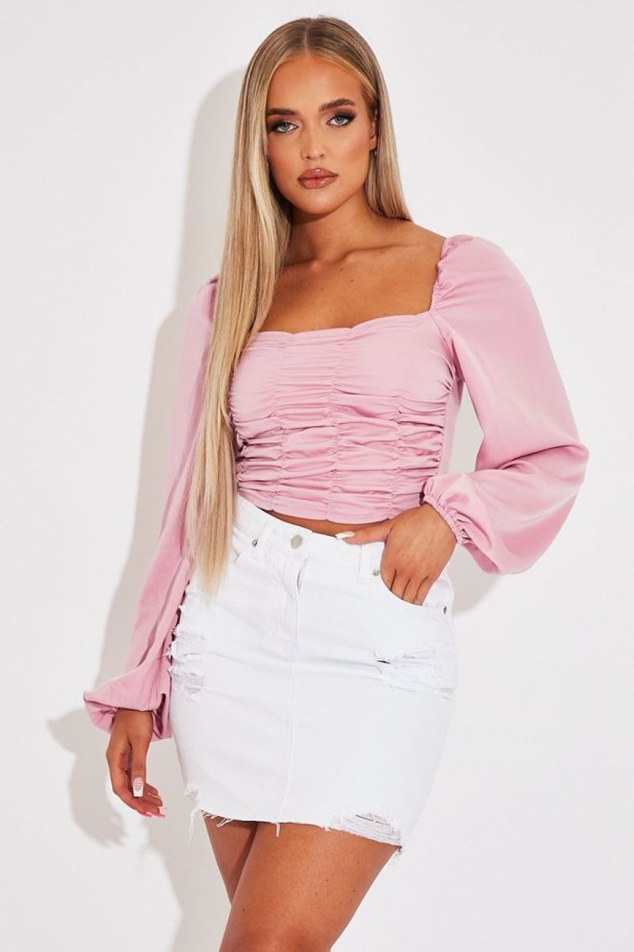 Clothing Rebellious Fashion | Pink Ruched Square Neckline Crop Top - Hallie