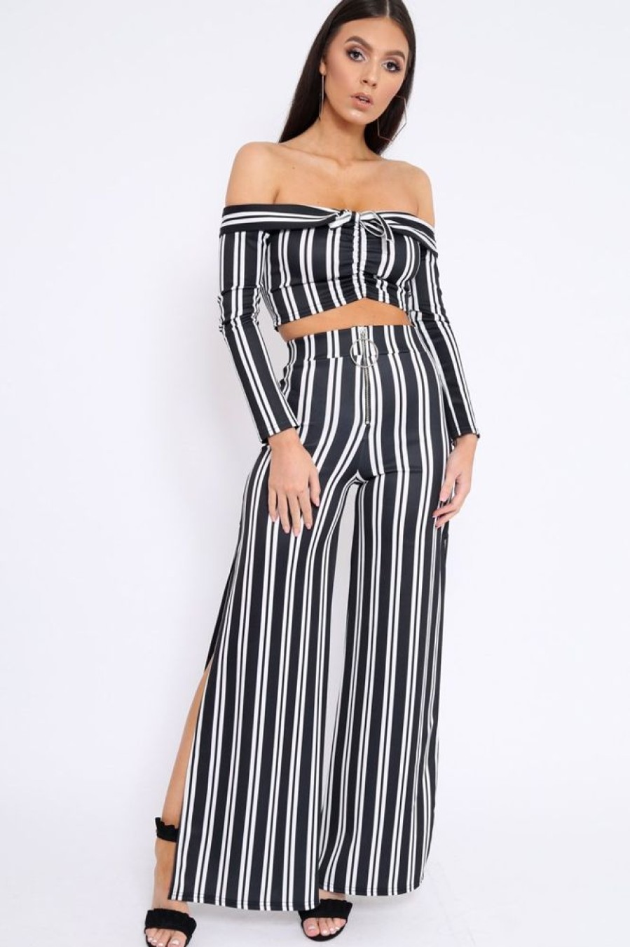 Clothing Rebellious Fashion | Black Stripe Bardot Ruffle Top And Trouser Set - Inas