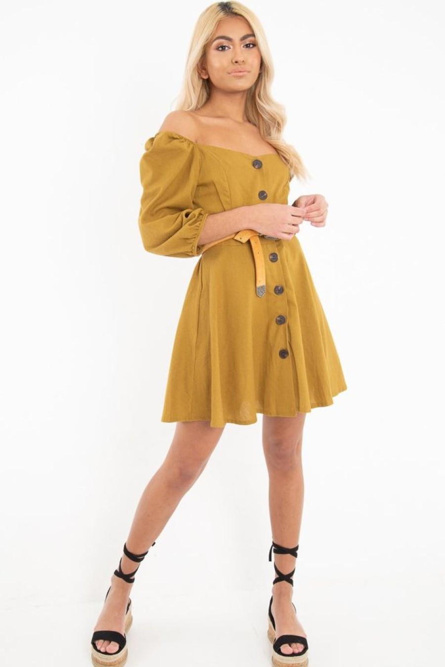 Clothing Rebellious Fashion | Olive Green Button Front Skater Dress - Candice