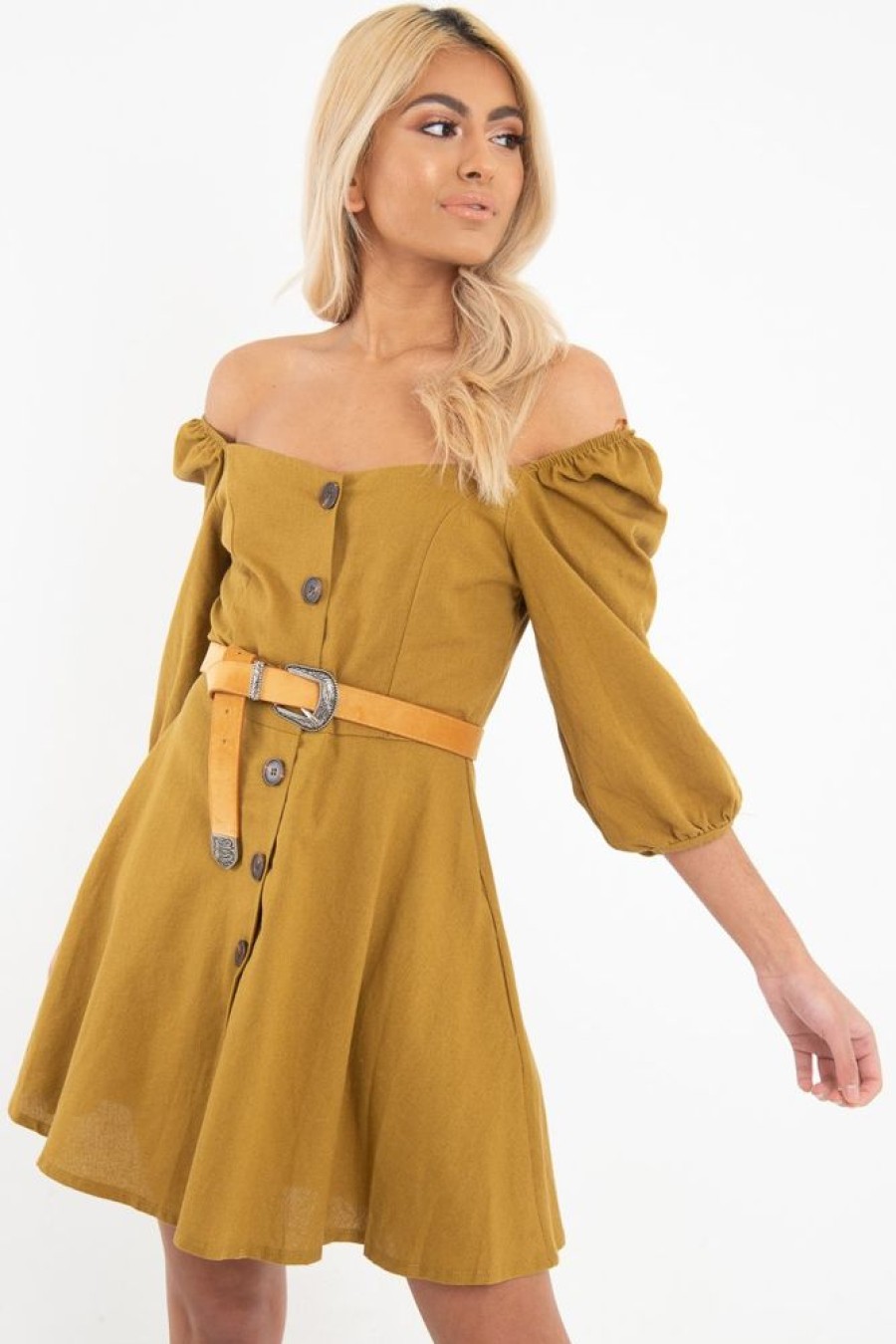 Clothing Rebellious Fashion | Olive Green Button Front Skater Dress - Candice