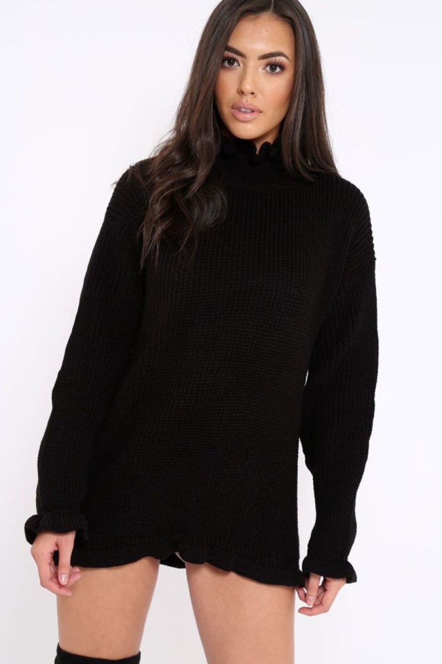 Clothing Rebellious Fashion | Black Knitted Ruffle Jumper Dress With Elasticated Hems - Velma