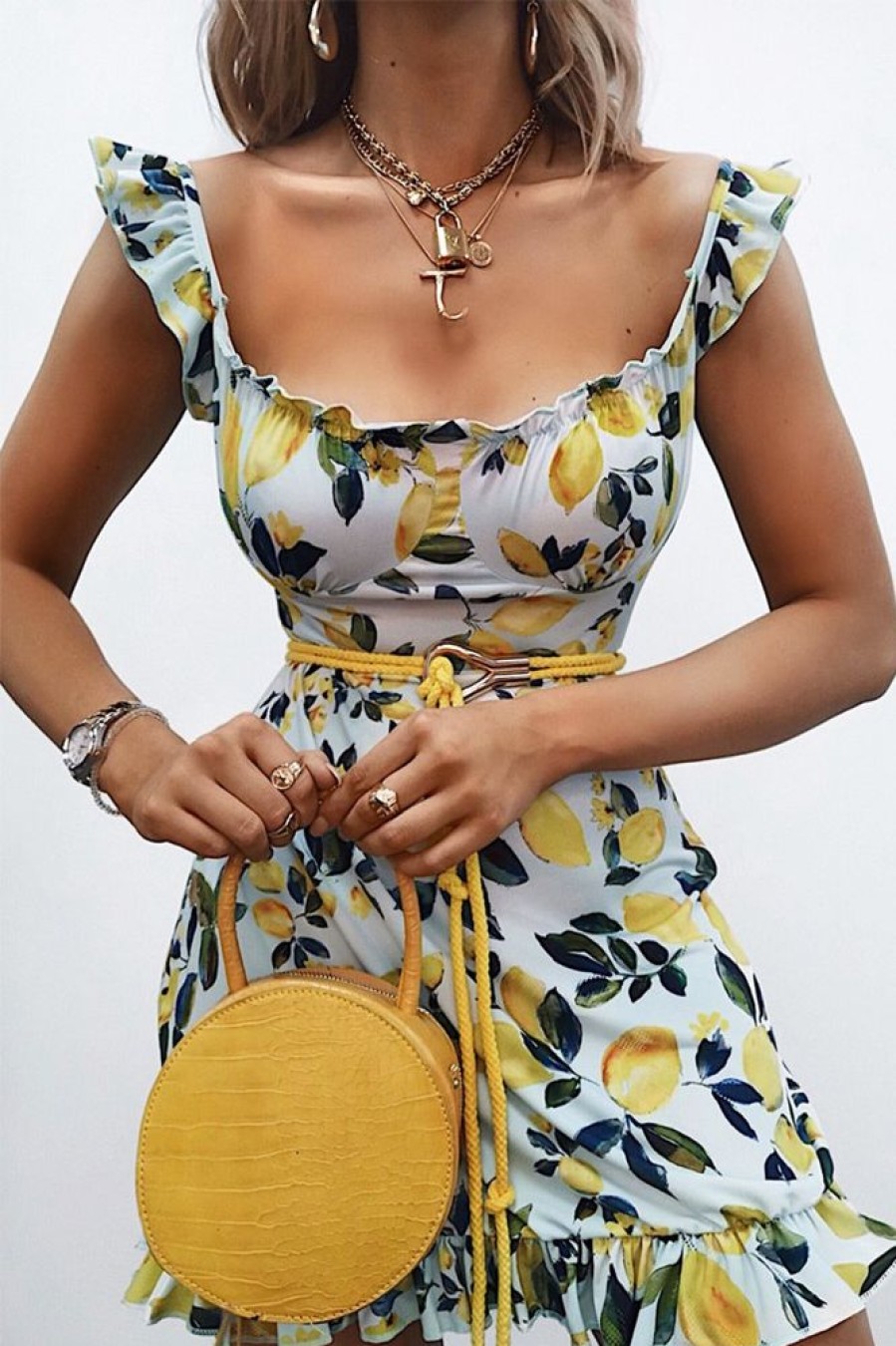 Clothing Rebellious Fashion | Blue Lemon Print Ruffle Summer Dress - Ashley