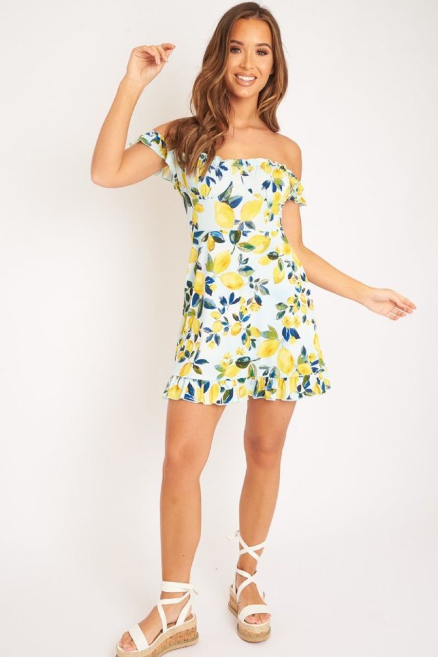 Clothing Rebellious Fashion | Blue Lemon Print Ruffle Summer Dress - Ashley