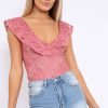 Clothing Rebellious Fashion | Rose Lace Plunge Frill Bodysuit - Maelani