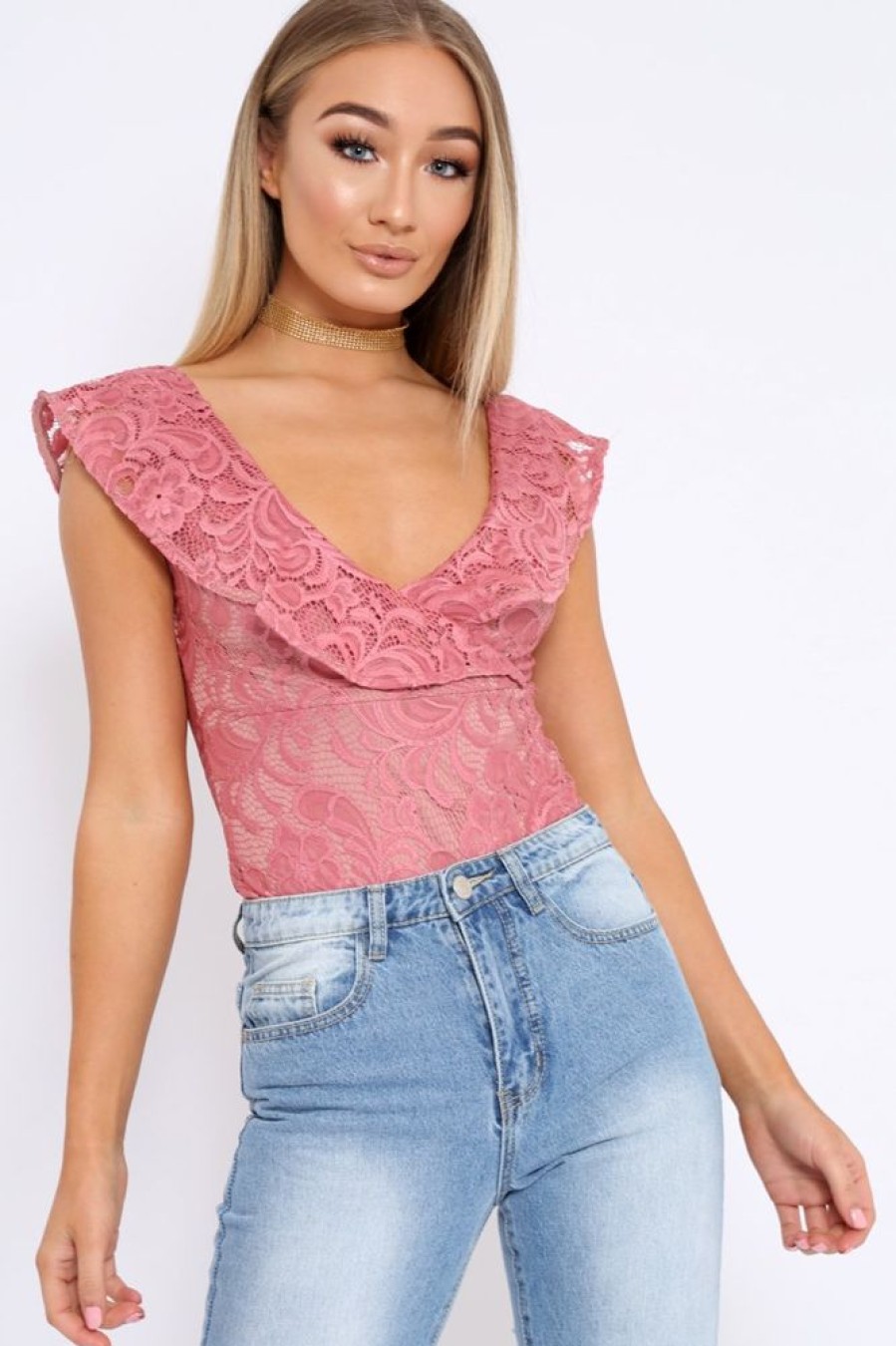 Clothing Rebellious Fashion | Rose Lace Plunge Frill Bodysuit - Maelani