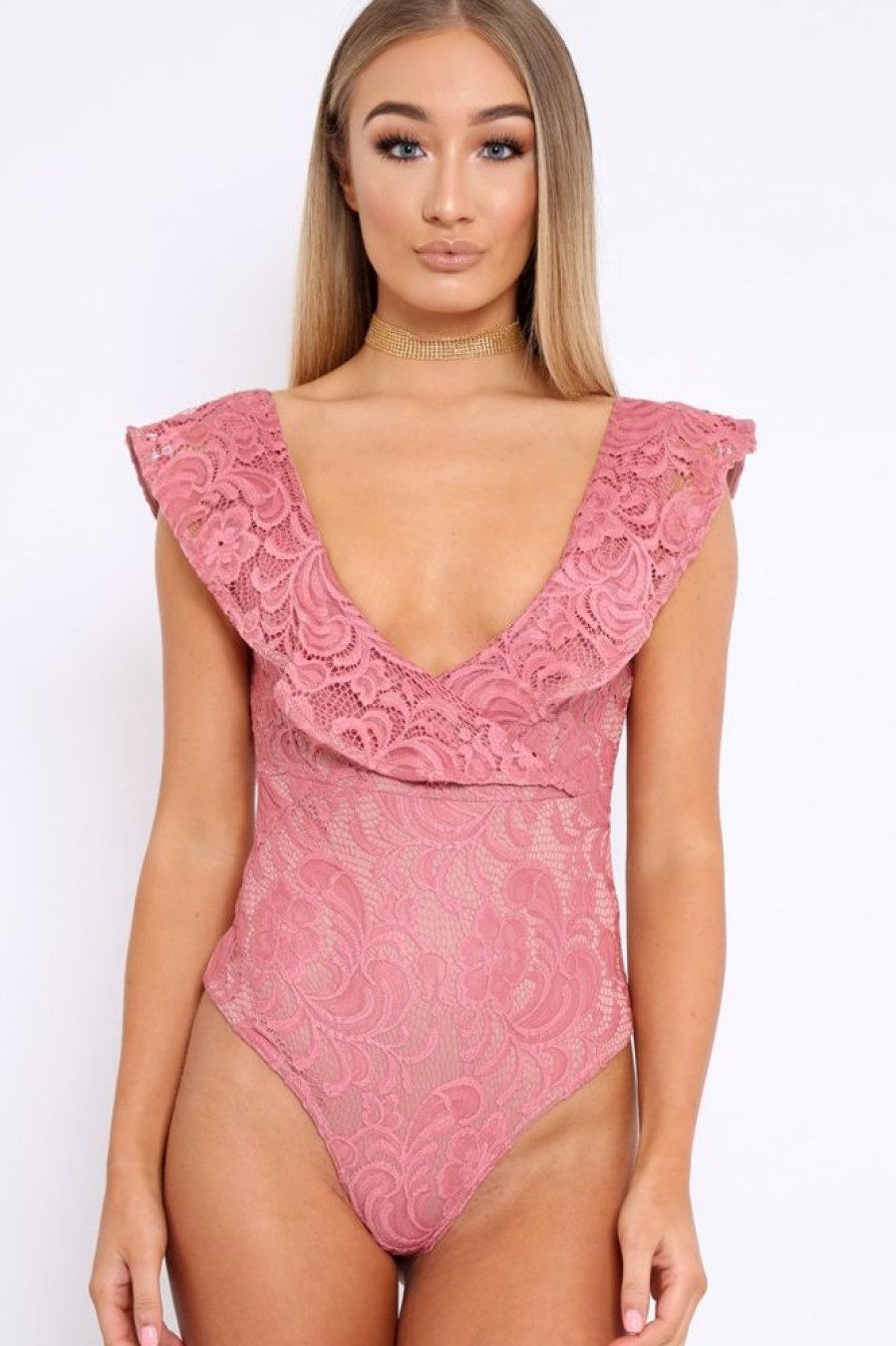 Clothing Rebellious Fashion | Rose Lace Plunge Frill Bodysuit - Maelani