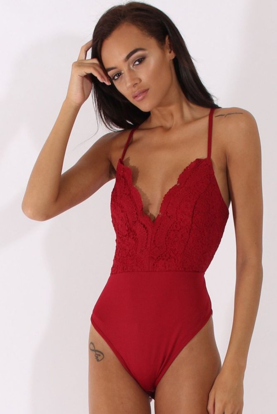 Clothing Rebellious Fashion | Wine Crochet Cross Back Bodysuit - Crecia