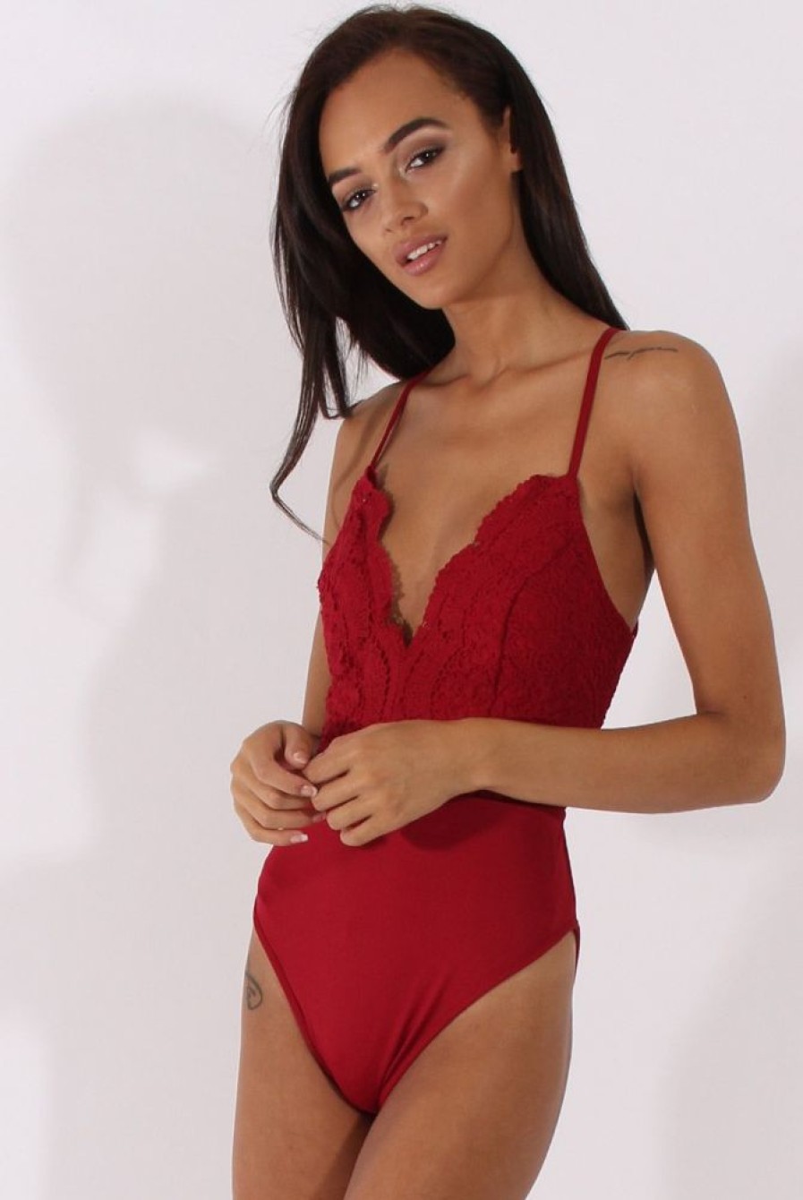 Clothing Rebellious Fashion | Wine Crochet Cross Back Bodysuit - Crecia