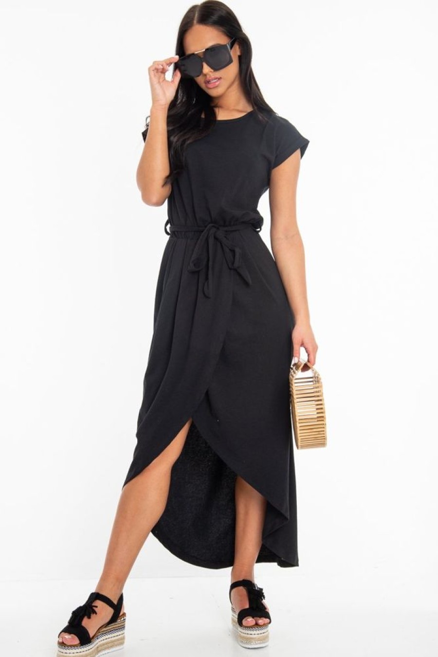 Clothing Rebellious Fashion | Black Scoop Neck Belted Wrap Maxi Dress - Allie