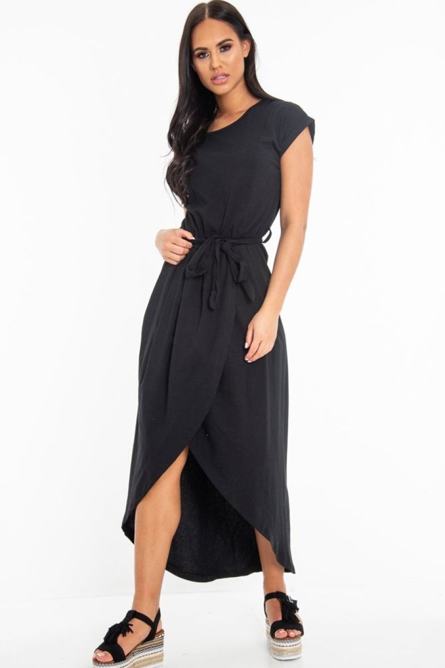 Clothing Rebellious Fashion | Black Scoop Neck Belted Wrap Maxi Dress - Allie