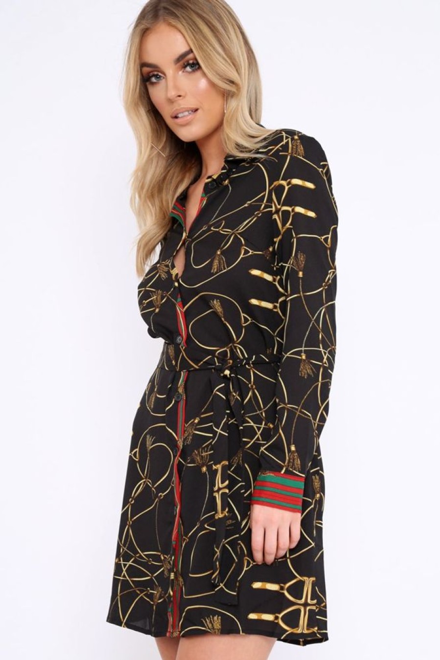 Clothing Rebellious Fashion | Black Rope Print Shirt Dress With Red And Green Trim - Allena