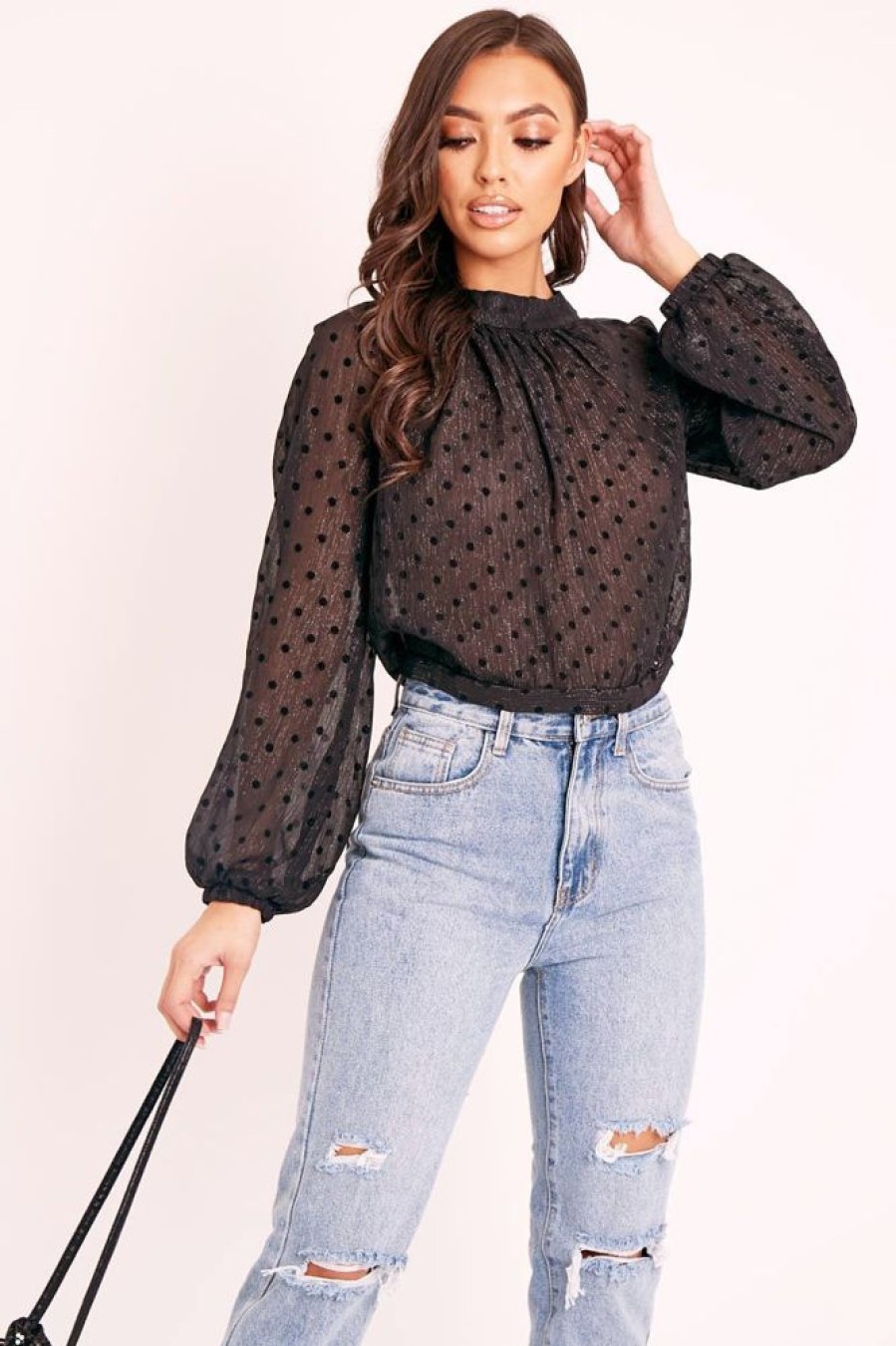 Clothing Rebellious Fashion | Black Metallic Polka Pleated Front Blouse - Cabella