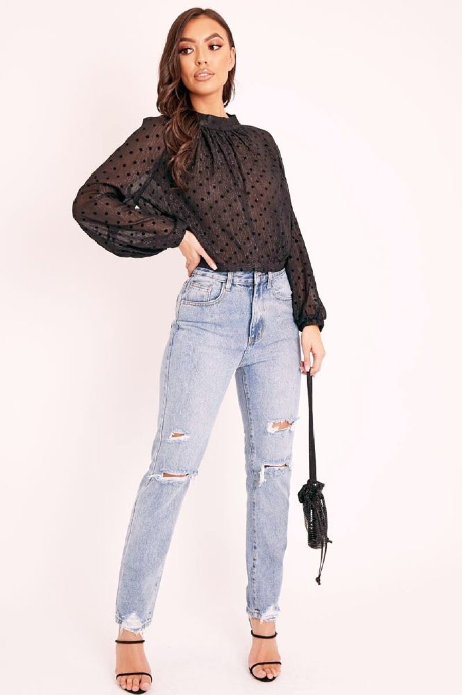 Clothing Rebellious Fashion | Black Metallic Polka Pleated Front Blouse - Cabella