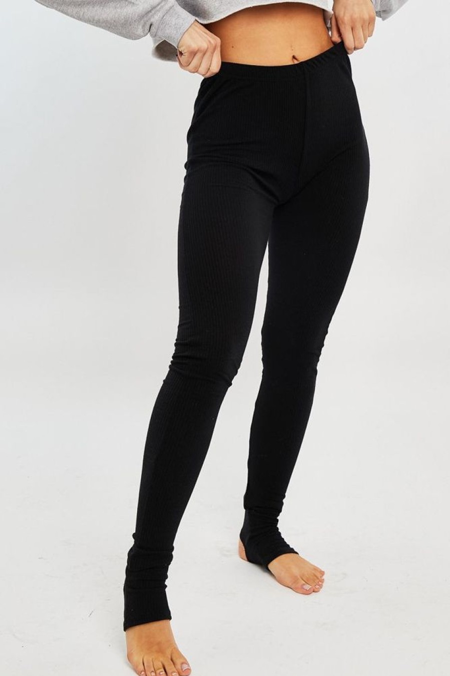 Clothing Rebellious Fashion | Black Ribbed Fabric Stirrup Leggings - Jayne