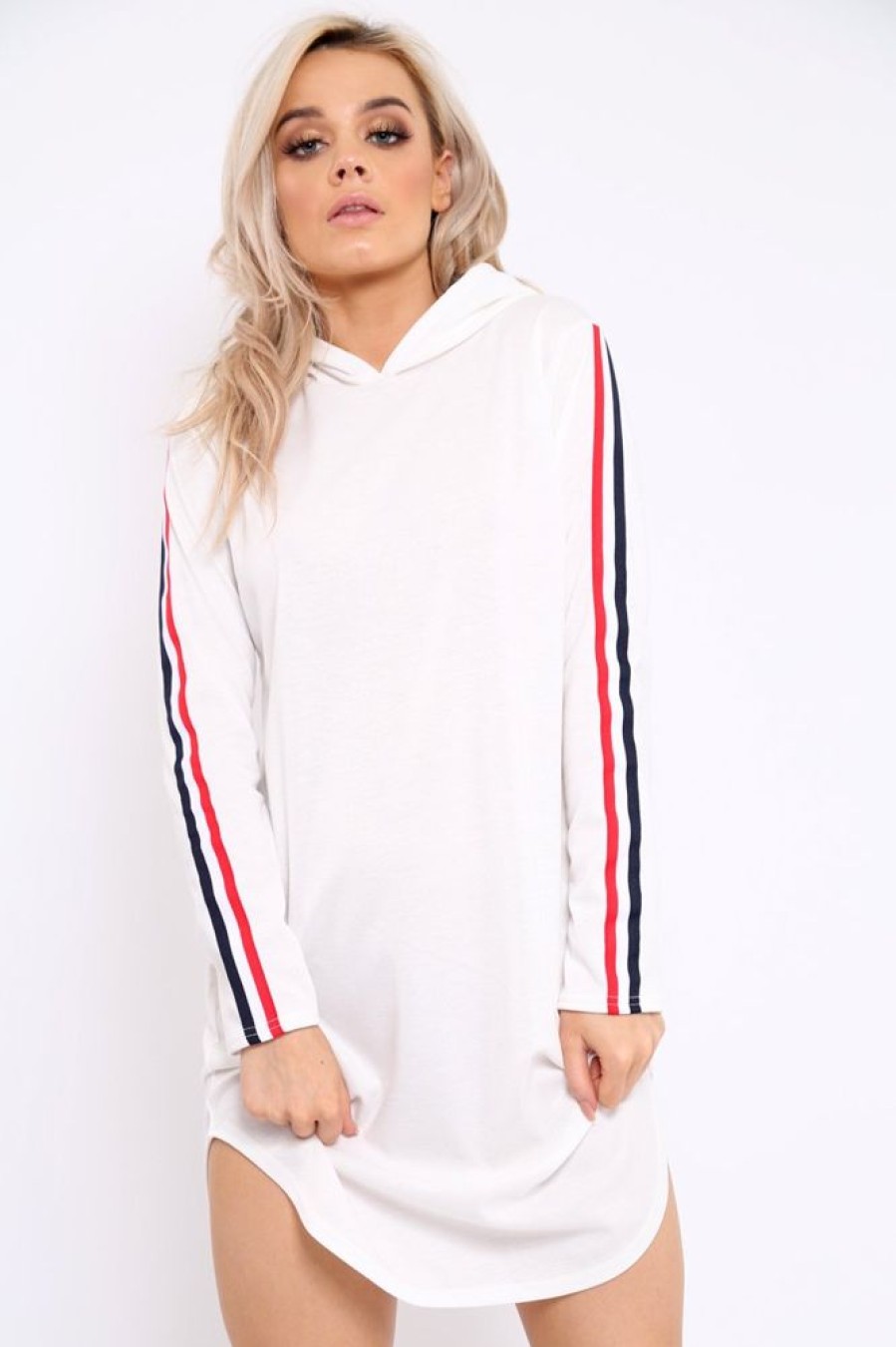 Clothing Rebellious Fashion | White Sleeve Sports Trim Curve Hem Jumper Dress - Dixie