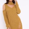 Clothing Rebellious Fashion | Mustard Knitted Cut Out Front Cold Shoulder Distressed Jumper Dress - Jamie