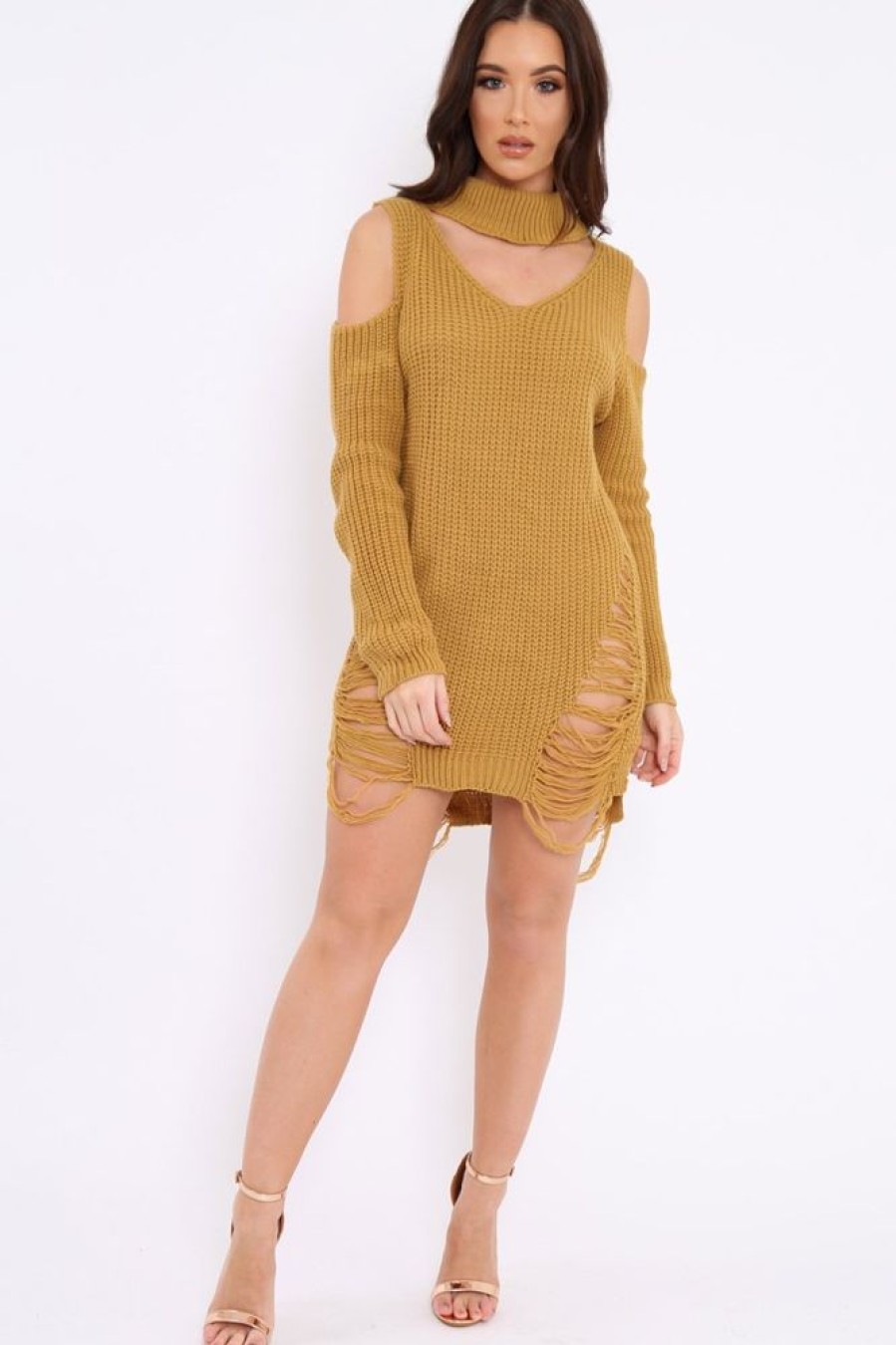 Clothing Rebellious Fashion | Mustard Knitted Cut Out Front Cold Shoulder Distressed Jumper Dress - Jamie