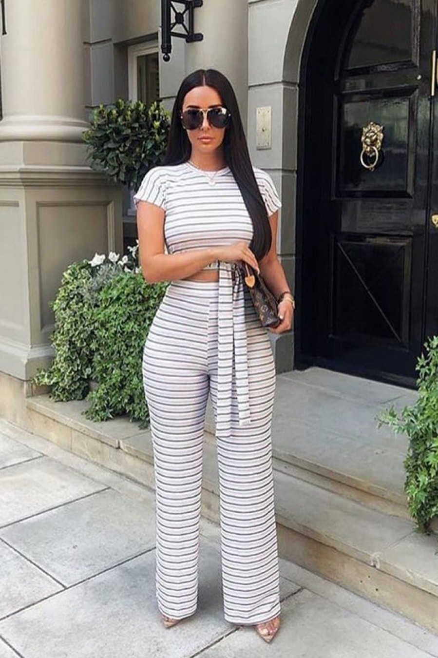 Clothing Rebellious Fashion | White Stripe Rib Tie Front Top Wide Leg Trouser Co-Ord - Lottie