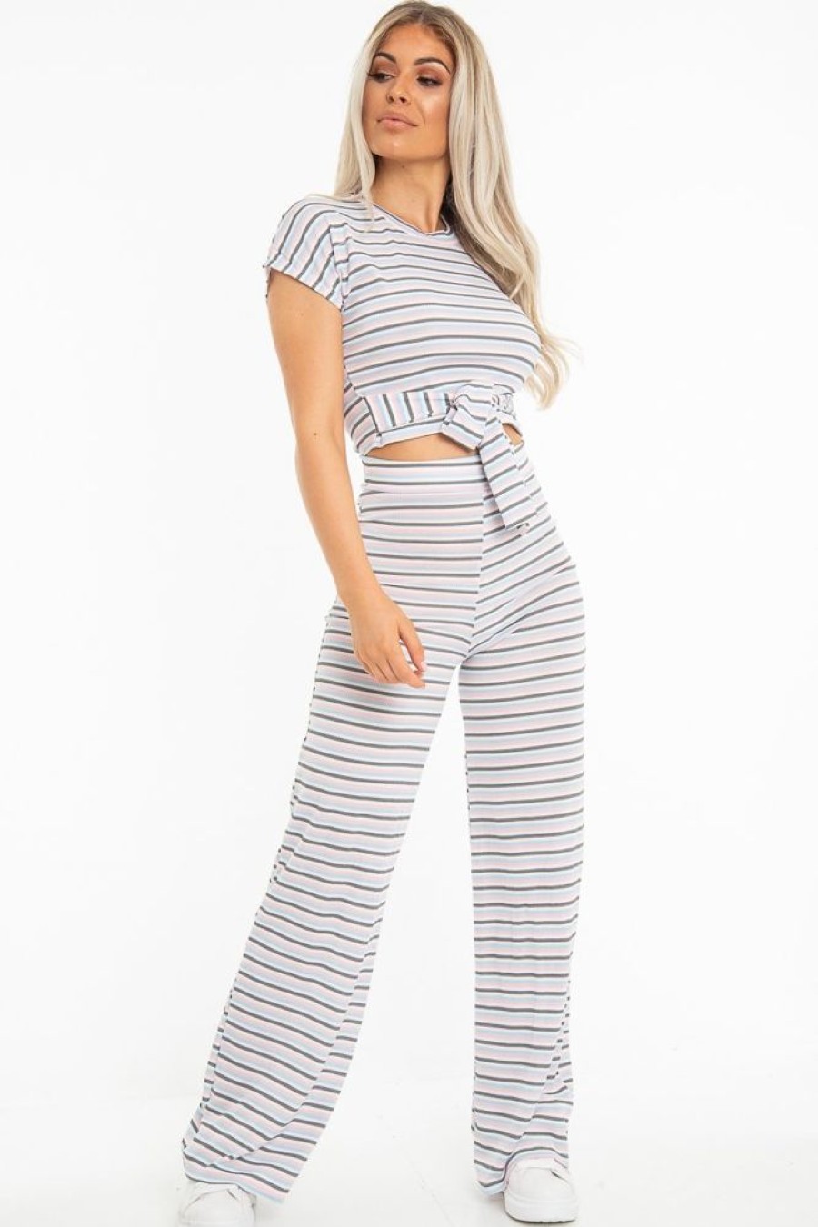 Clothing Rebellious Fashion | White Stripe Rib Tie Front Top Wide Leg Trouser Co-Ord - Lottie