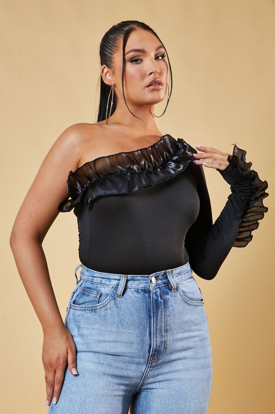 Clothing Rebellious Fashion | Black One Sleeve Frill Detail Bodysuit - Nora