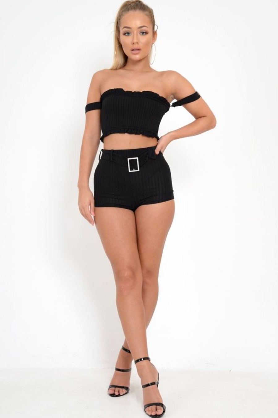 Clothing Rebellious Fashion | Black Ribbed Bardot Crop Top And Shorts Co-Ord - Elissa