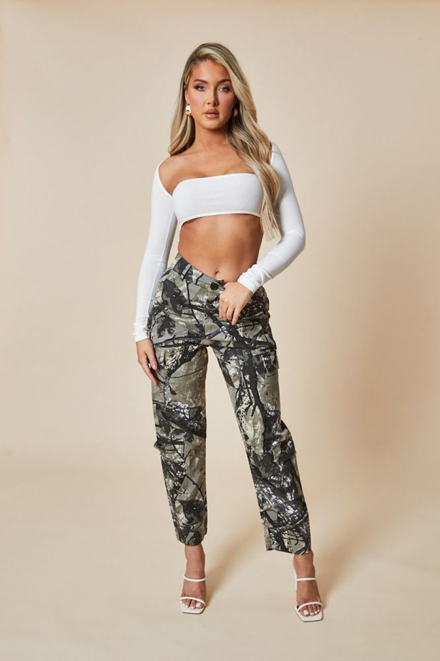 Clothing Rebellious Fashion | Khaki Camo Print Straight Leg Cargo Trousers - Hikari