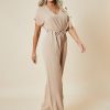 Clothing Rebellious Fashion | Beige V-Neck Oversized Tie Detail Jumpsuit - Sammie