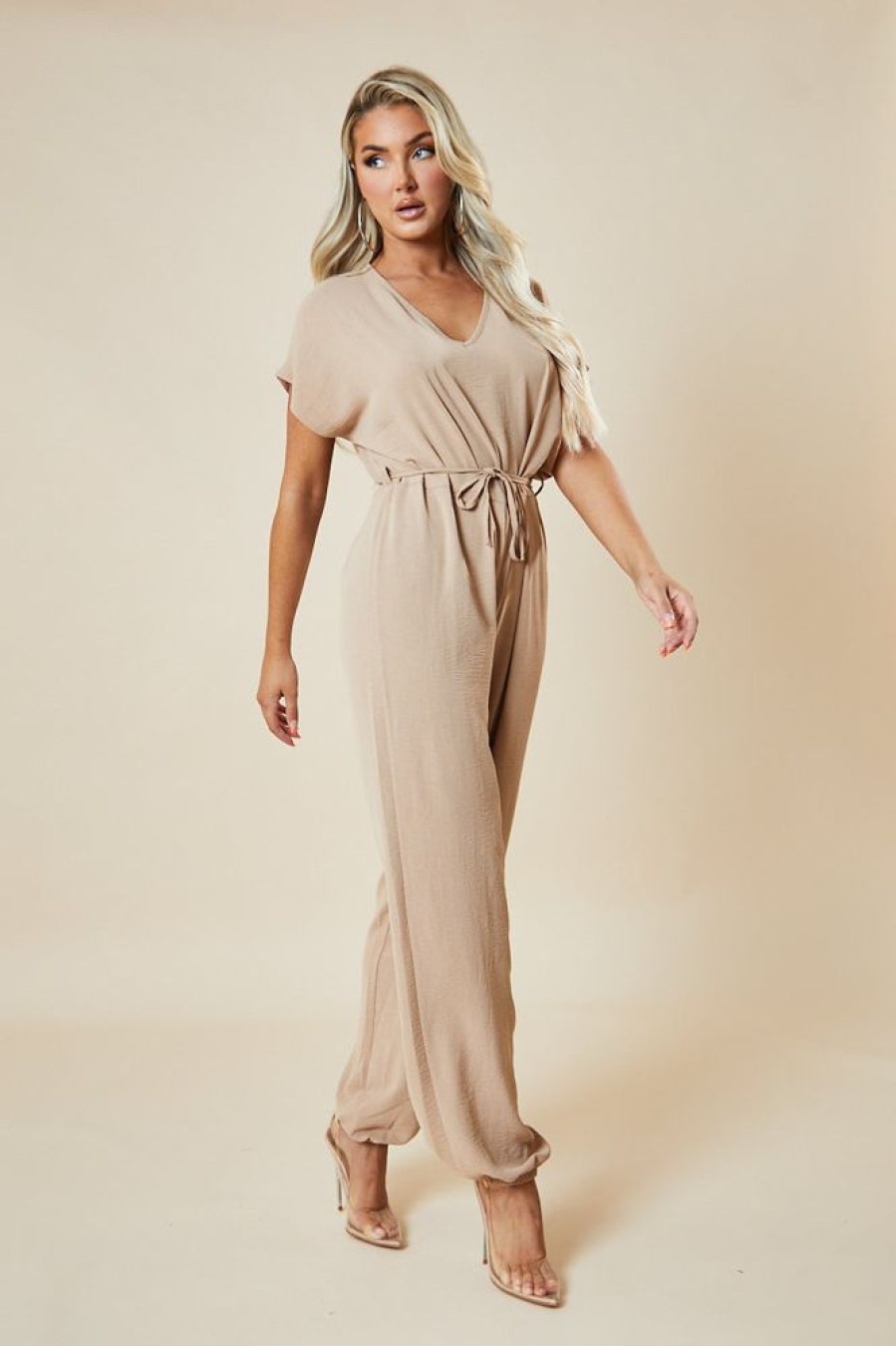 Clothing Rebellious Fashion | Beige V-Neck Oversized Tie Detail Jumpsuit - Sammie