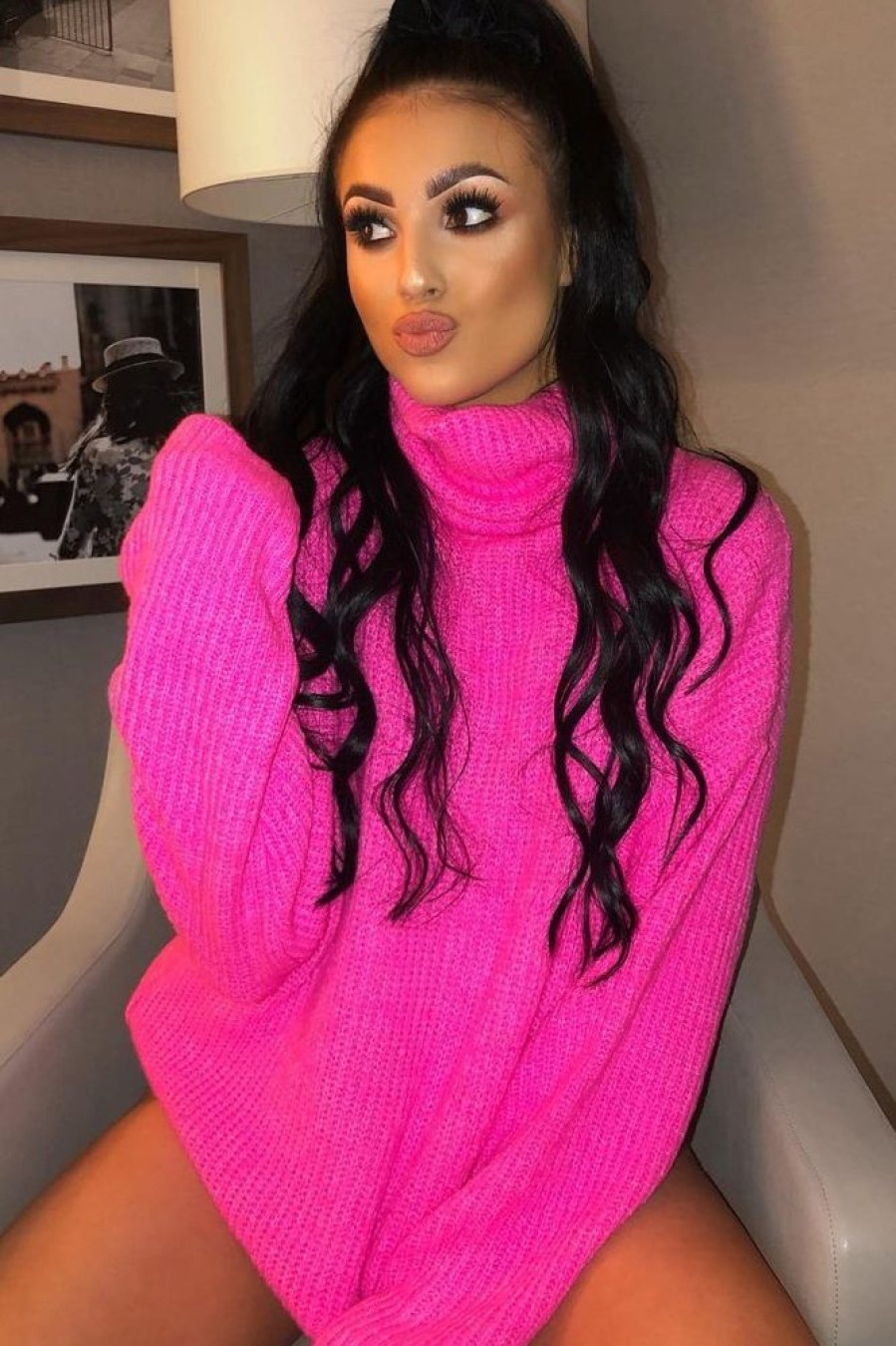 Clothing Rebellious Fashion | Neon Pink Roll Neck Jumper Dress - Freylynn