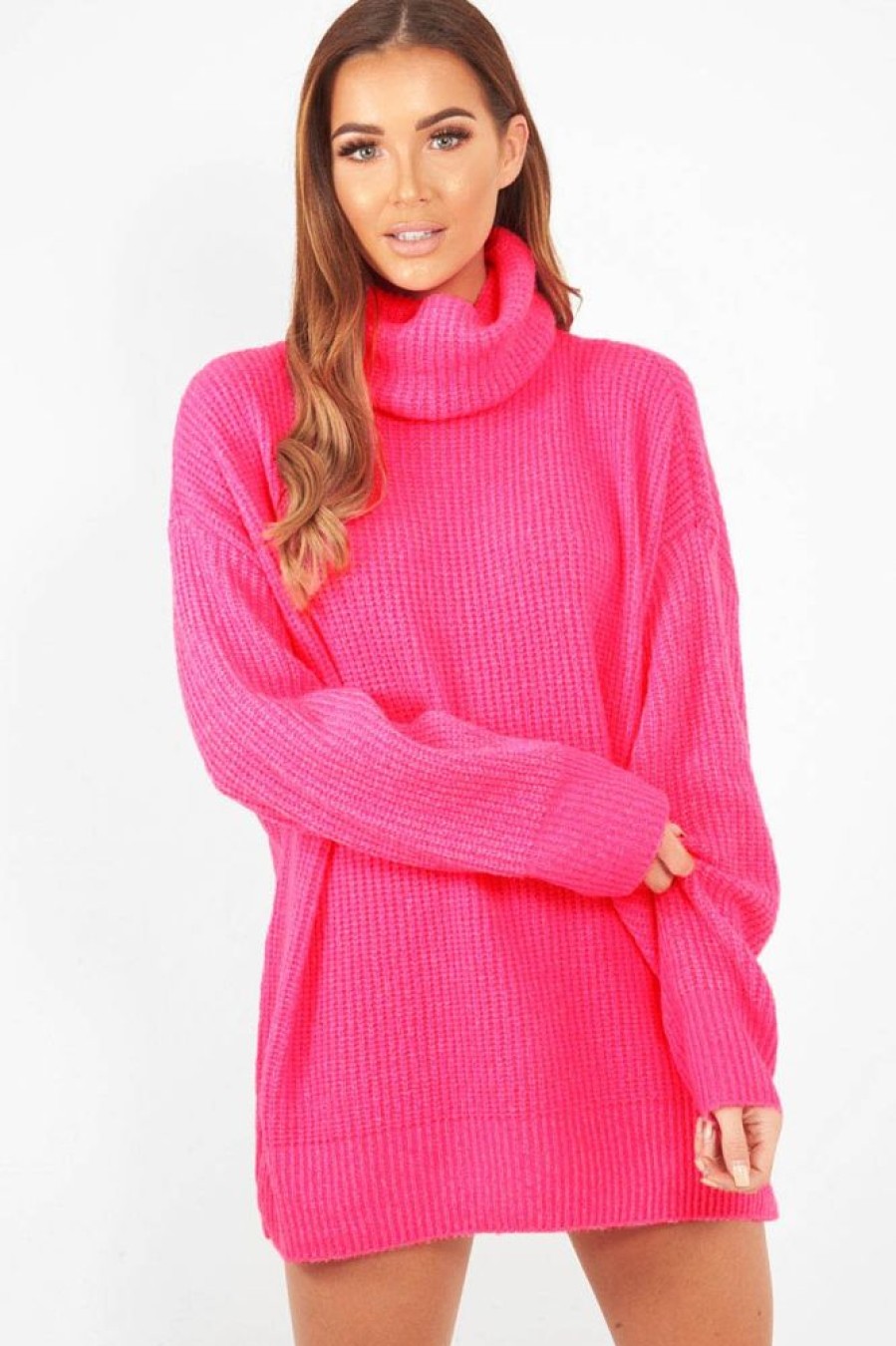 Clothing Rebellious Fashion | Neon Pink Roll Neck Jumper Dress - Freylynn