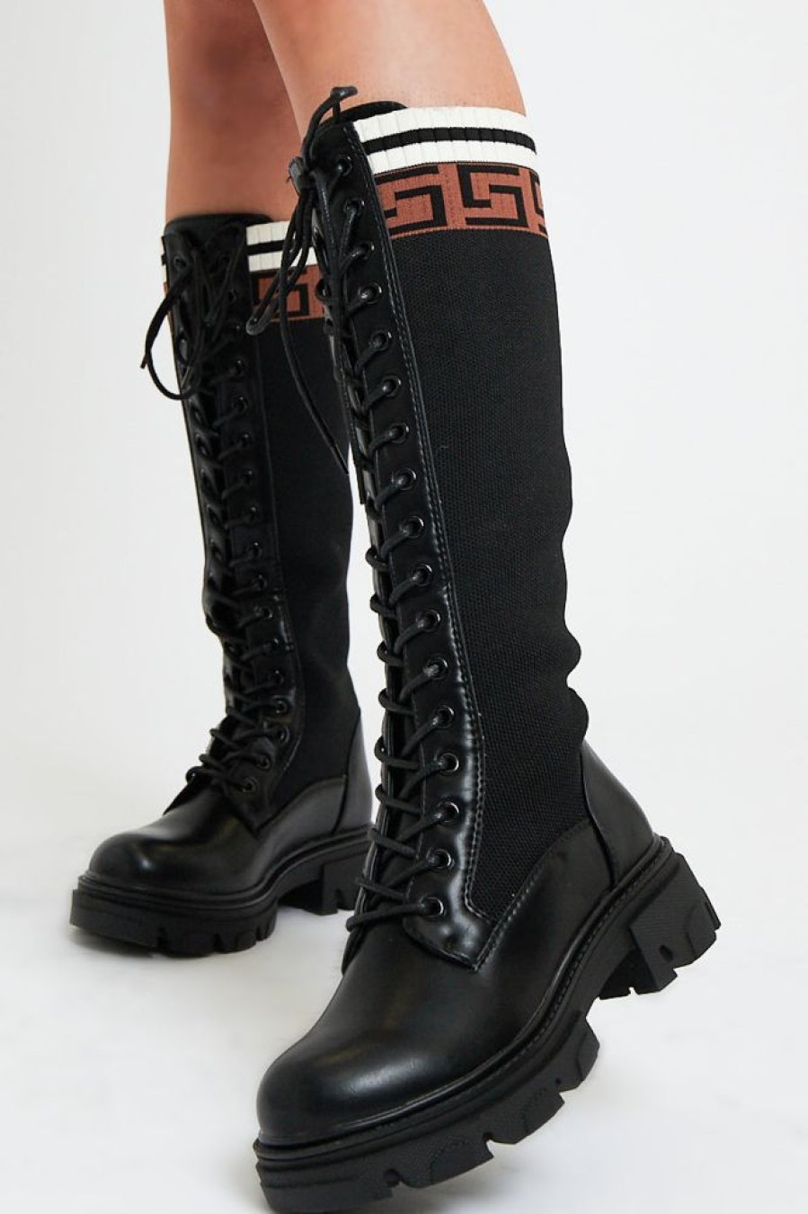 Shoes Rebellious Fashion | Black Pu Faux Leather Contrast Detailing Knee High Boots - Bevie