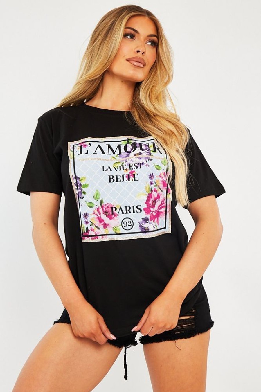 Clothing Rebellious Fashion | Black L'Amour Slogan Graphic T-Shirt - Leighna