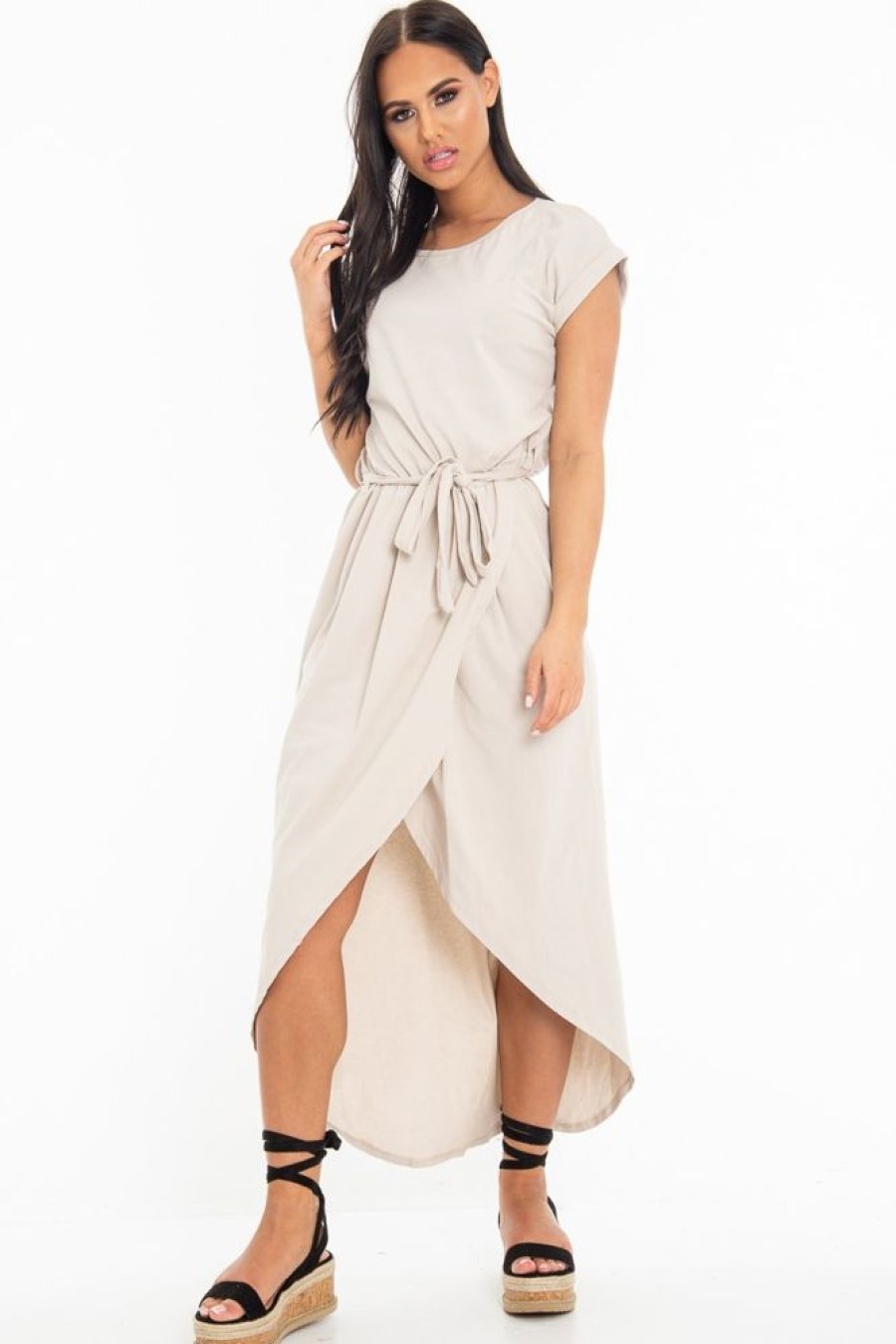 Clothing Rebellious Fashion | Beige Scoop Neck Belted Wrap Maxi Dress - Allie