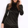 Clothing Rebellious Fashion | Black With Gold Glitter Stripes High Neck Bodycon Dress - Azari