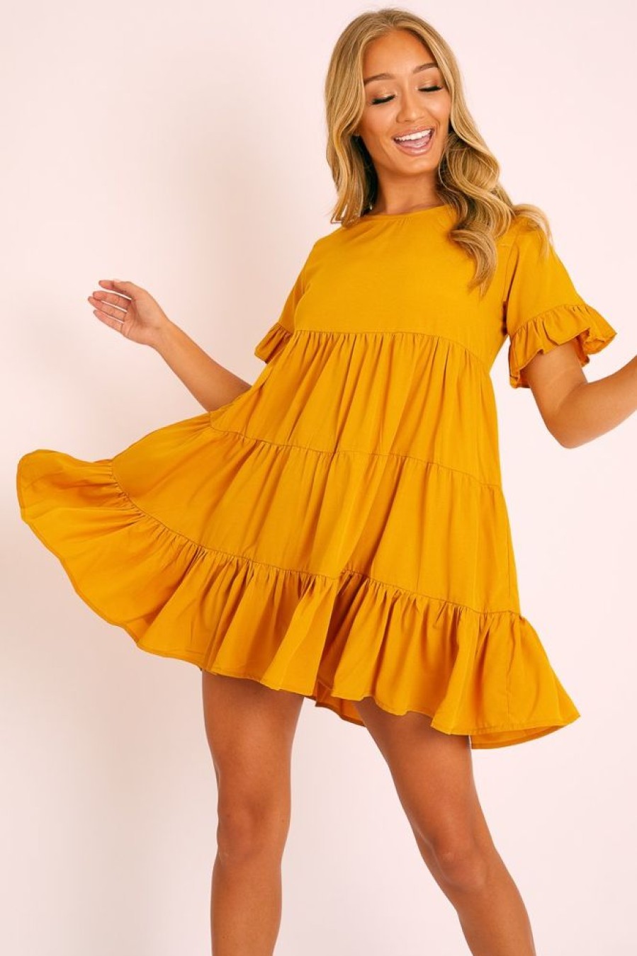 Clothing Rebellious Fashion | Mustard Smock Tiered Frill Sleeve Mini Dress - Olah