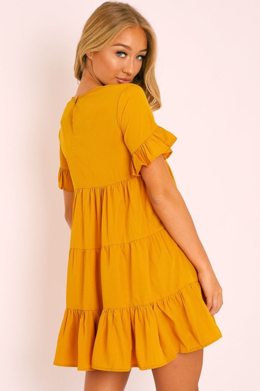 Clothing Rebellious Fashion | Mustard Smock Tiered Frill Sleeve Mini Dress - Olah