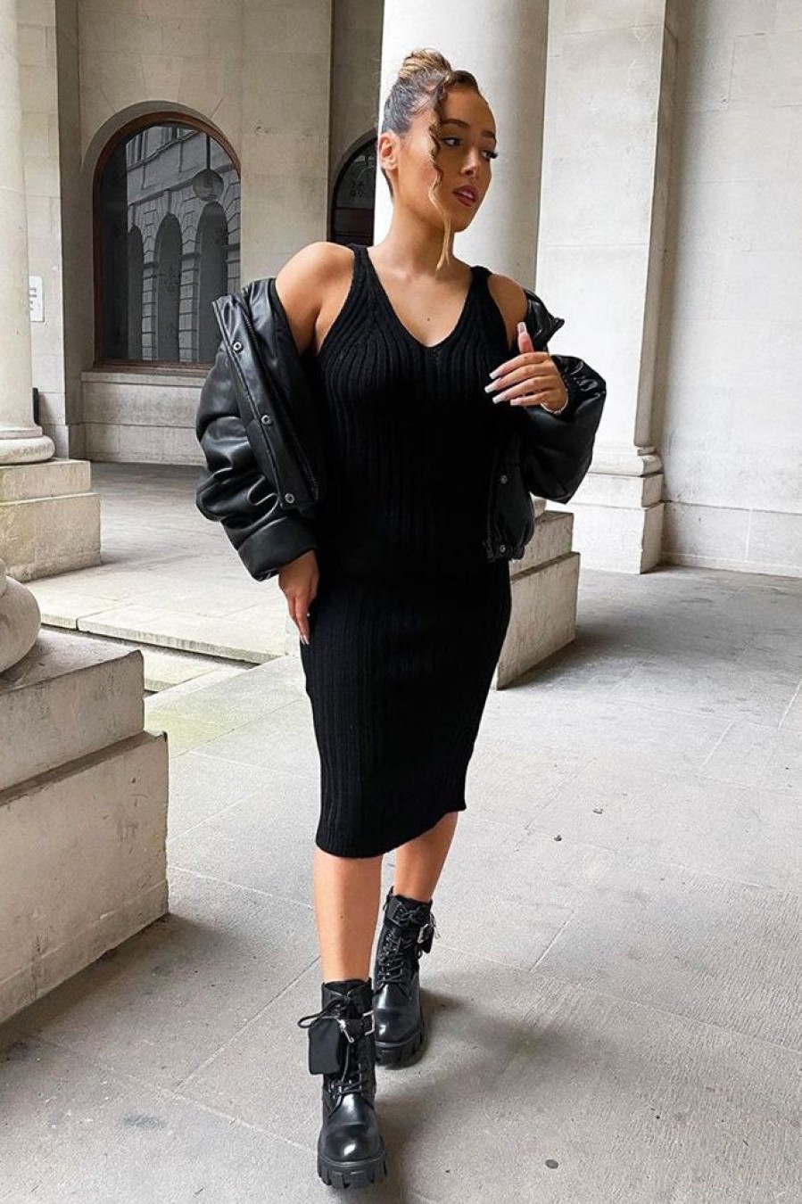 Clothing Rebellious Fashion | Black Strappy Knit Midi Dress - Graciella