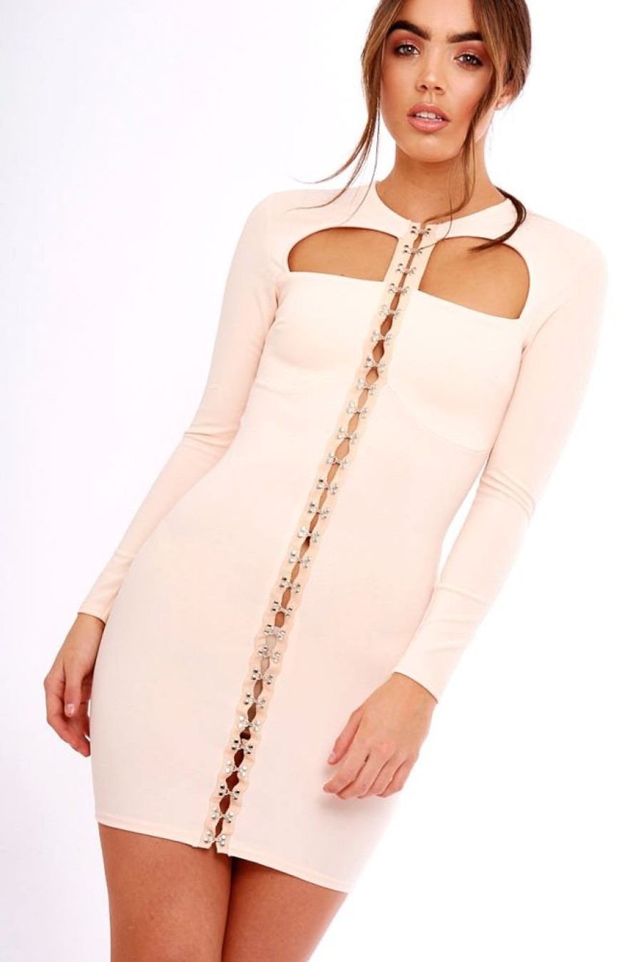 Clothing Rebellious Fashion | Nude Cut Out Eyelet Front Bodycon Dress - Staci