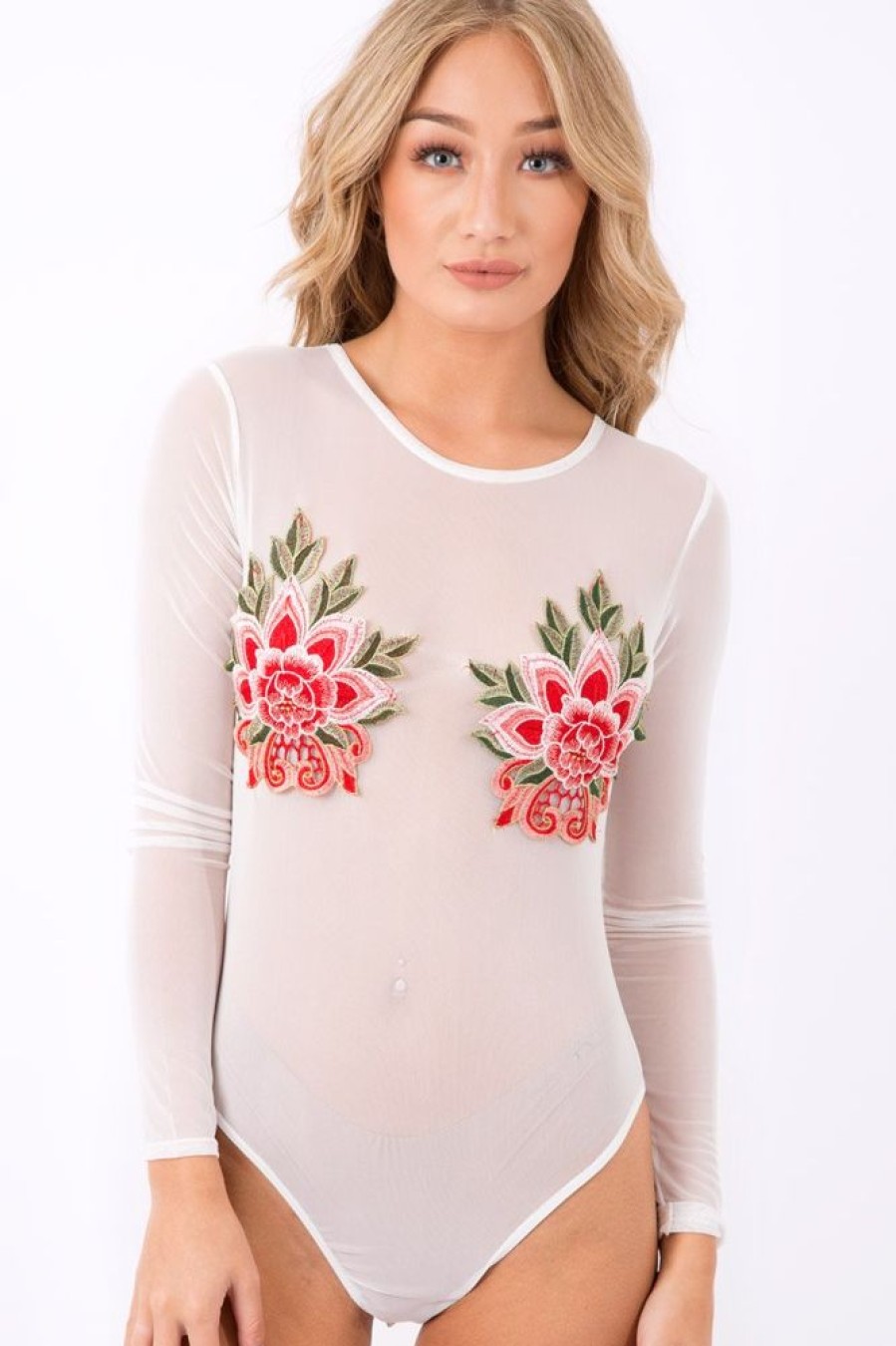 Clothing Rebellious Fashion | White Mesh Long Sleeved Embroidered Bodysuit - Bonnie