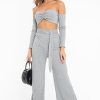 Clothing Rebellious Fashion | Grey Rib Bardot Crop Top Belted Trousers Co-Ord - Cecilia